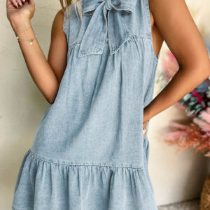 Beau Blue Bowknot Neck Sleeveless Ruffled Chambray Dress
