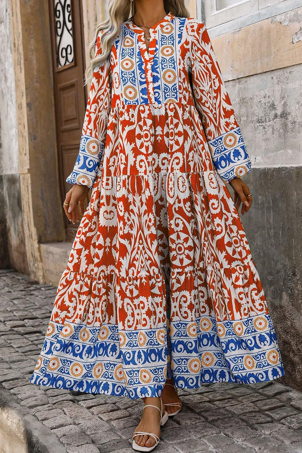 Orange Boho Geometric Printed Long Sleeve Maxi Dress - Image 4