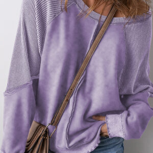 Orchid Petal Solid Waffle Knit Patchwork Raglan Sleeve Sweatshirt