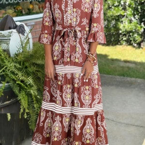 Brown Floral Print Belted Striped Trim Tiered Maxi Dress