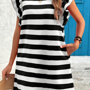 Black Stripe Flutter Sleeve Round Neck Shift Dress