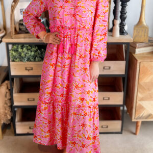 Pink Floral Long Sleeve Tassel Tied V Neck Maxi Dress