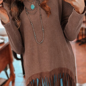 Coffee Waffle Knit Fringed High Low Loose Top
