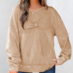 Light French Beige Mineral Wash Big Bow Patchwork Pullover Sweatshirt