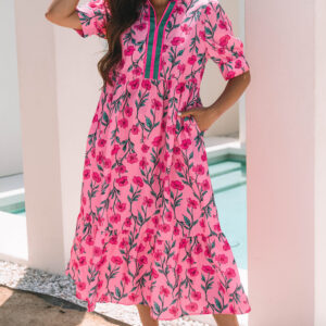 Pink Floral Contrast Neckline A-line Puff Sleeve Long Dress