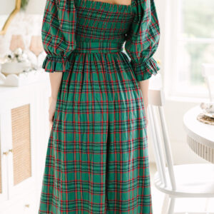 Green Tartan Plaid Square Neck Puff Sleeve Knot Waist Flared Midi Dress