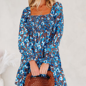 Blue Smocked Bodice High Waist Ruffled Sleeve Floral Dress
