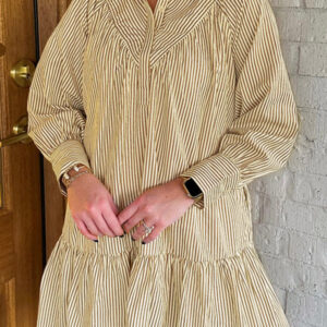 Brown Stripe Collared Neck Cuffed Long Sleeve Drop Waist Mini Dress