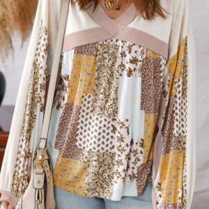 White Floral Printed Contrast Patchwork Long Sleeve Top