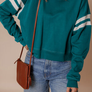 Blackish Green Contrast Striped Patchwork Round Neck Drop Shoulder Sweatshirt