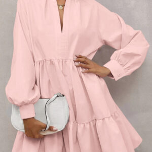 Pink Frilled Stand Collar Long Sleeve Ruffle Dress