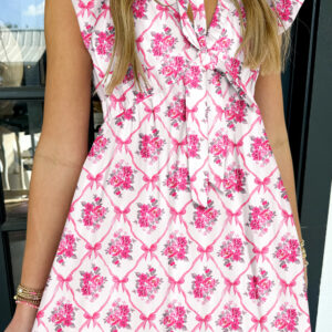 Multicolour Bow Lattice Floral Print V Neck Knot Decor Mini Dress