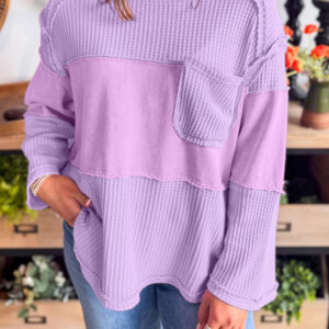 Phalaenopsis Thermal Knit Contrast Textured Patchwork Long Sleeve Top