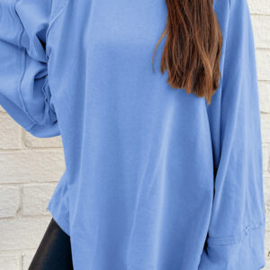 Beau Blue Solid Color Raw Seam Patchwork Baggy Sweatshirt