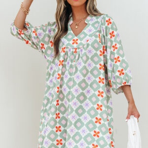Green Geometric Floral Print 3/4 Sleeve Notched Neck Mini Dress