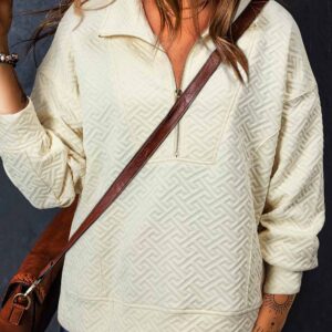 Beige Solid Textured Half Zipper Collared Sweatshirt