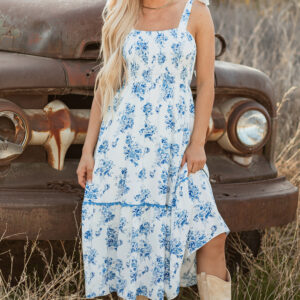 Sky Blue Floral Print Shirred Knot Shoulder Sleeveless Long Dress