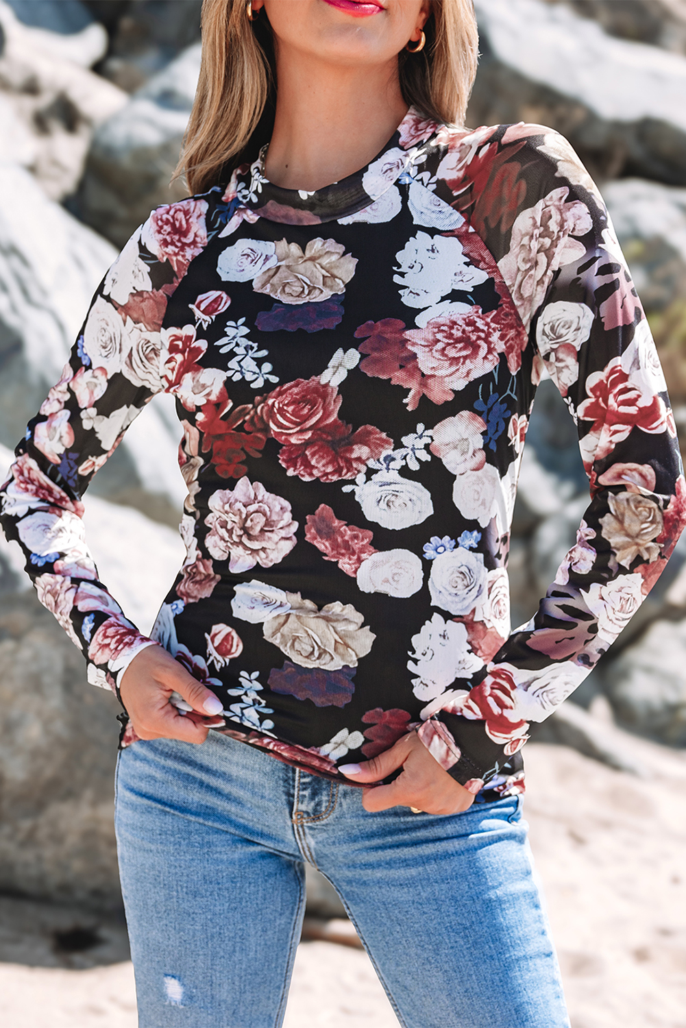 Pink Mesh Floral Print Mock Neck Long Sleeve Slim Top - Image 6