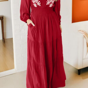 Racing Red Contrast Embroidered Detail Cinched Waist Tiered Long Sleeve Maxi Dress