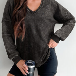 Carbon Grey Mineral Wash Exposed Seam Buttoned V Neck Pullover Top