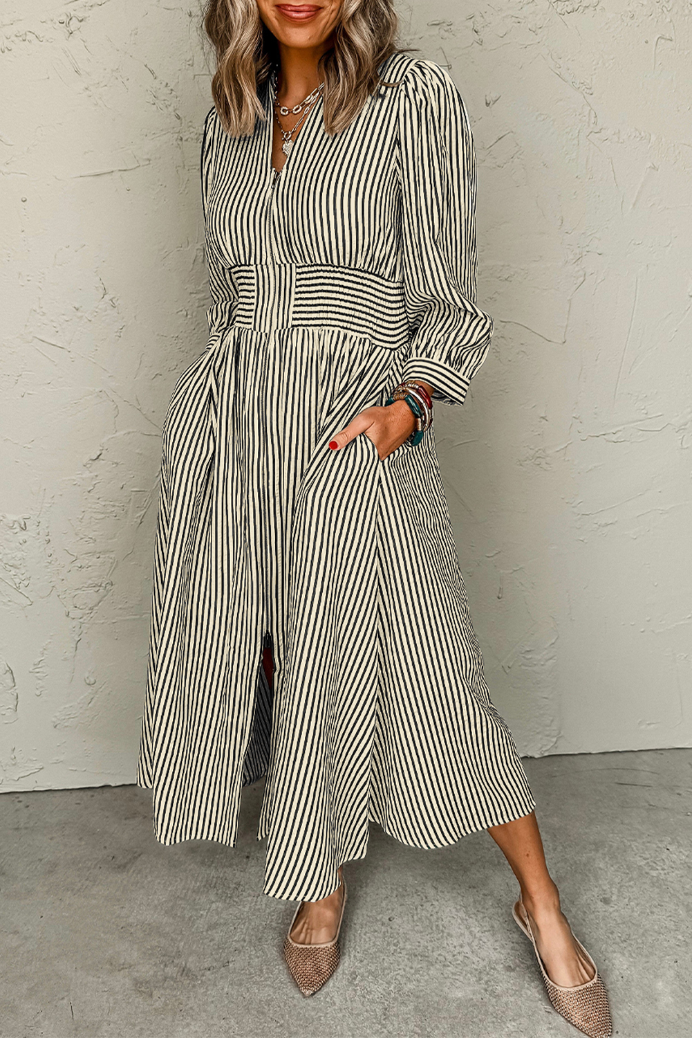 Black Stripe V Neck Zip Front Cinched High Waist Midi Dress - Image 7