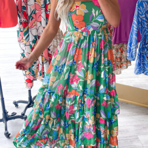 Green Floral Print Sleeveless Ruffle Tiered Maxi Dress