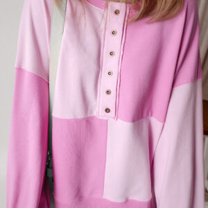 Pink Colorblock Henley High Low Oversize Sweatshirt