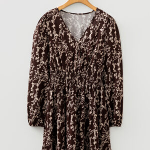 Brown Ditsy Floral Print Split Neck Long Sleeve Shirred Waist Flared Mini Dress
