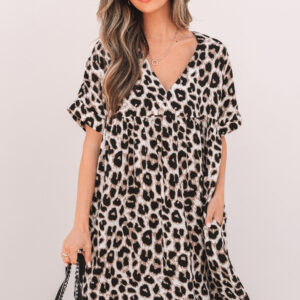 Khaki Cheetah Print Backless V Neck Loose Fit Mini Dress
