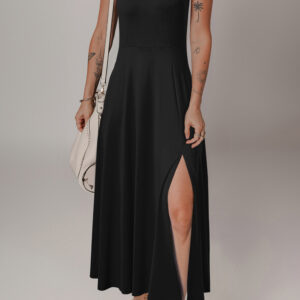 Black Sleeveless Scoop Neck Flared Split Midi Dress
