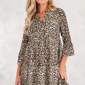 Khaki Leopard 3/4 Sleeve V Neck Swing Dress