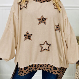 Beige Contrast Leopard Star Patchwork Detail Raw Seam Baggy Sweatshirt