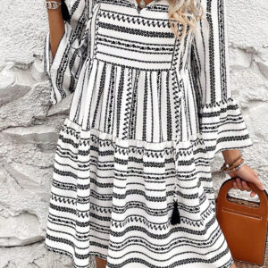 Black Stripe V Neck Bell Sleeve High Waist Mini Dress