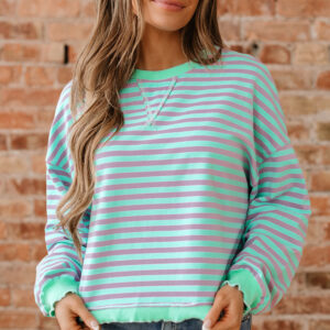 Green Stripe Exposed Seam Contrast Ribbed Trim Oversize Sweatshirt