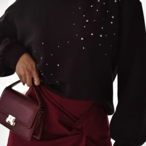 Black Rhinestone Embellished Drop Shoulder Ribbed Cuffs Wholesale Sweatshirt