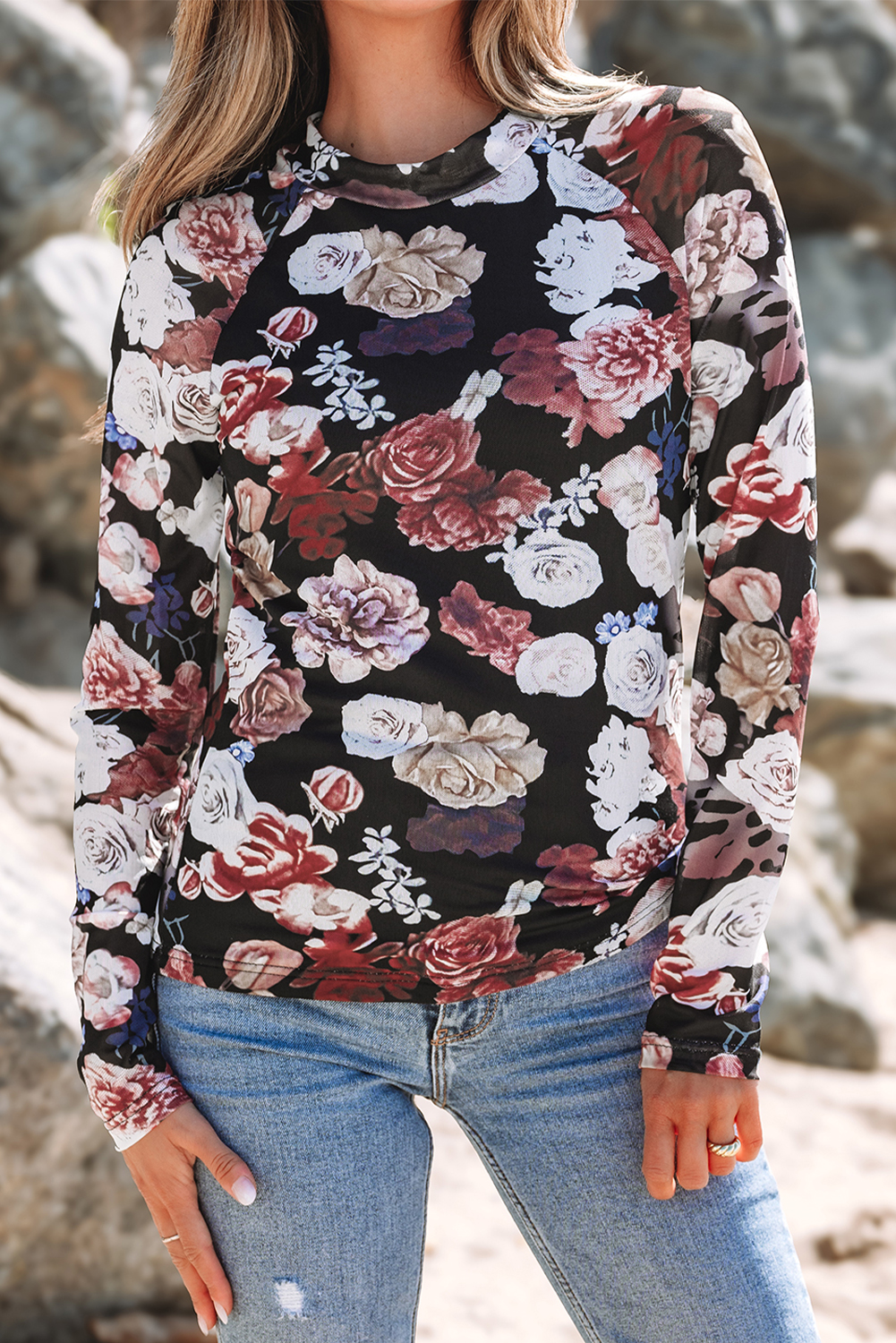 Pink Mesh Floral Print Mock Neck Long Sleeve Slim Top - Image 7