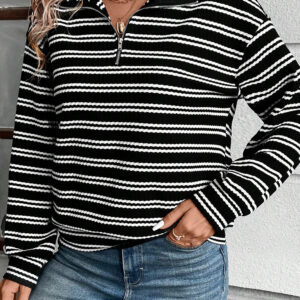 Black Stripe Textured Quarter Zip Collar Long Sleeve Top