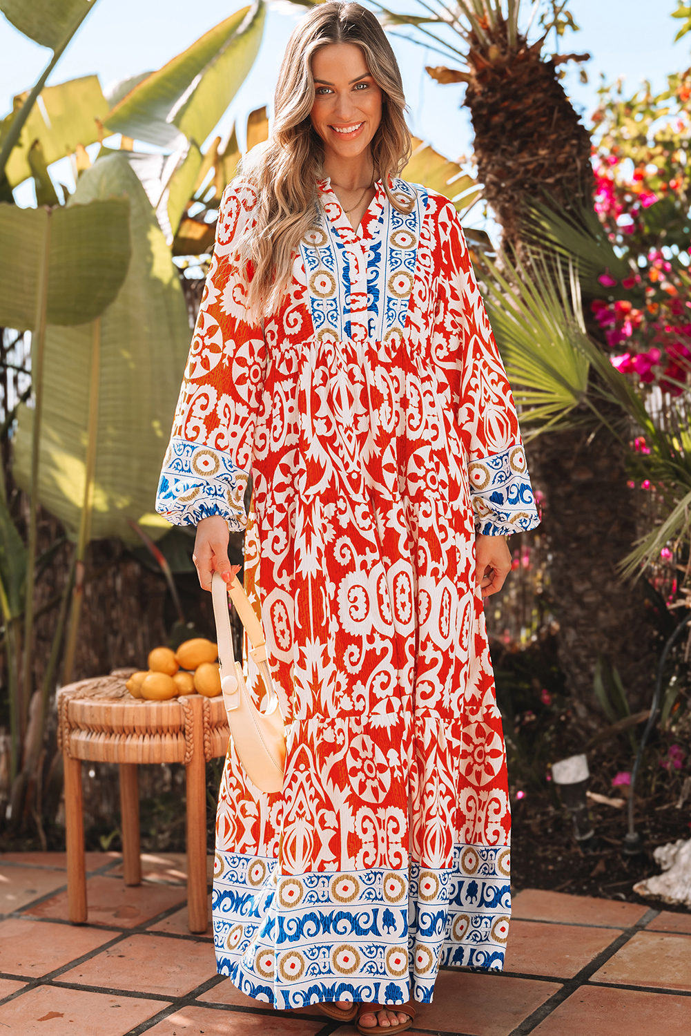 Orange Boho Geometric Printed Long Sleeve Maxi Dress - Image 8