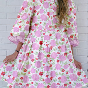 Pink Floral Print Striped Trim Frilled Neck 3/4 Sleeve Flared Mini Dress