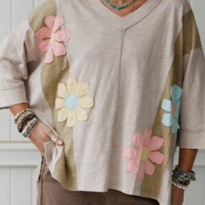 Green Flower Patched Exposed Seam Bracelet Sleeve Oversized T Shirt