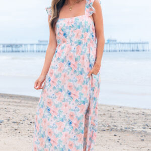 Pink Floral Print Square Neck Backless Long Dress with Slit