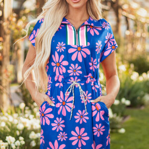 Purple Floral Striped Quarter Zip Cap Sleeve Drawstring Waist Mini Dress