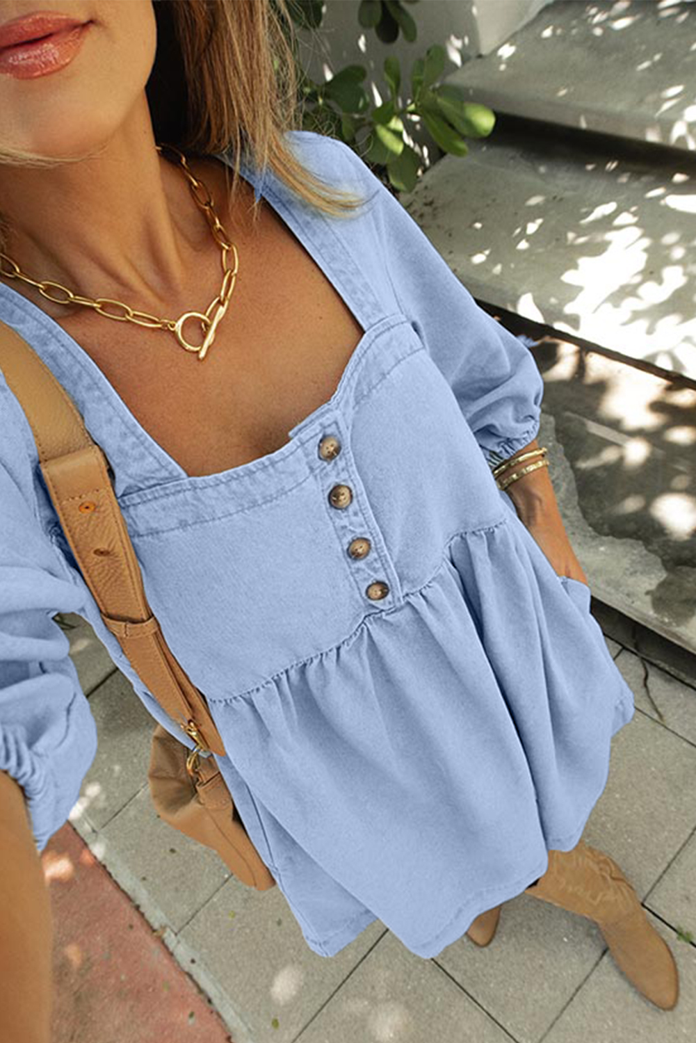 Beau Blue Denim Button Detail Babydoll Square Neck Mini Dress - Image 5