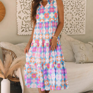 Sky Blue Floral Print Frilly Neck Sleeveless Tiered Maxi Dress