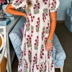 Beige Floral Short Bubble Sleeve Tiered Maxi Dress
