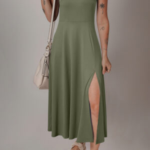 Four Leaf Clover Sleeveless Scoop Neck Flared Split Midi Dress