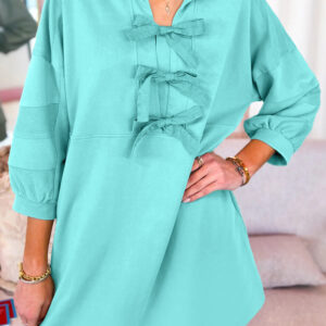 Moonlight Jade Bow Front Bracelet Sleeve Collared Side Pocket Shift Mini Dress
