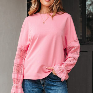 Sachet Pink Drop Shoulder Lace Ruffled Sleeve Patchwork Loose Sweatshirt