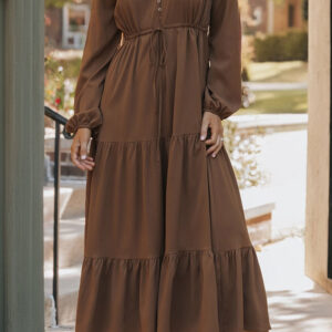 Chestnut Solid Long Sleeve Button V Neck Tiered Maxi Dress