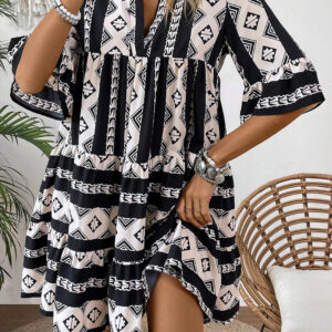 Black Geometric Print V Neck Ruffled Dress